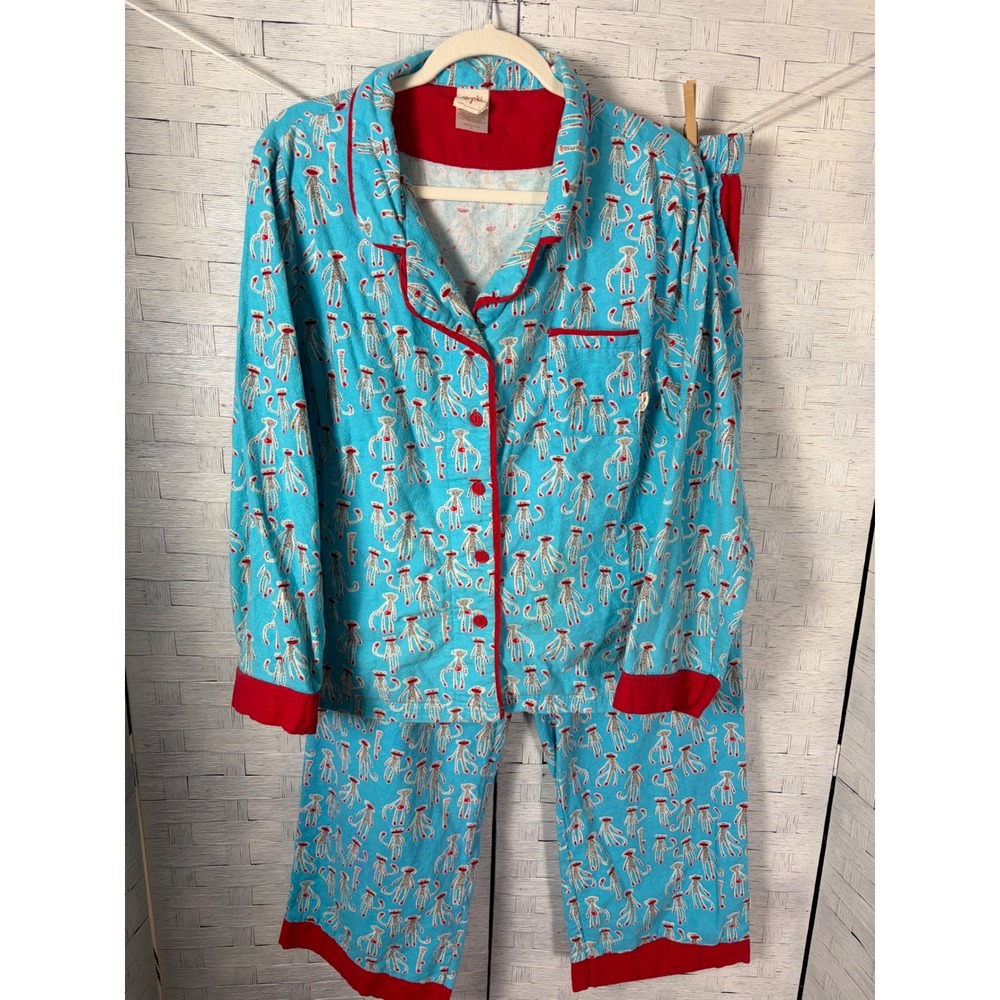 Munki Munki Flannel Pajama Set Blue Sock Monkey Print 100% Cotton 2-Piece